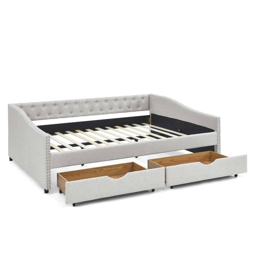 Queen Size Daybed with Drawers Upholstered Tufted Sofa Bed,,with Button on Back and Copper Nail on Waved Shape Arms, Beige (84.5'x63.5'x26.5')