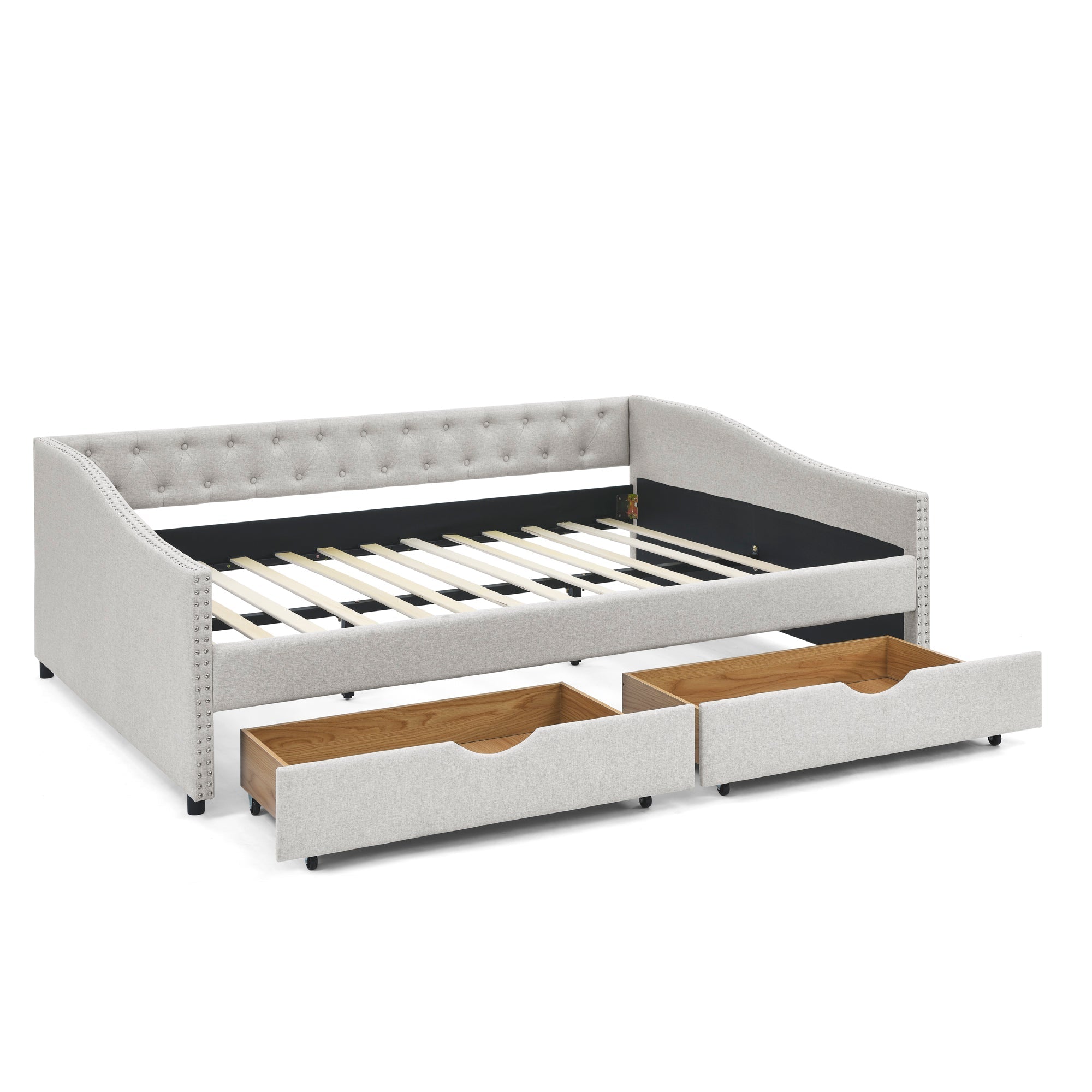 Queen Size Daybed with Drawers Upholstered Tufted Sofa Bed,,with Button on Back and Copper Nail on Waved Shape Arms, Beige (84.5'x63.5'x26.5')