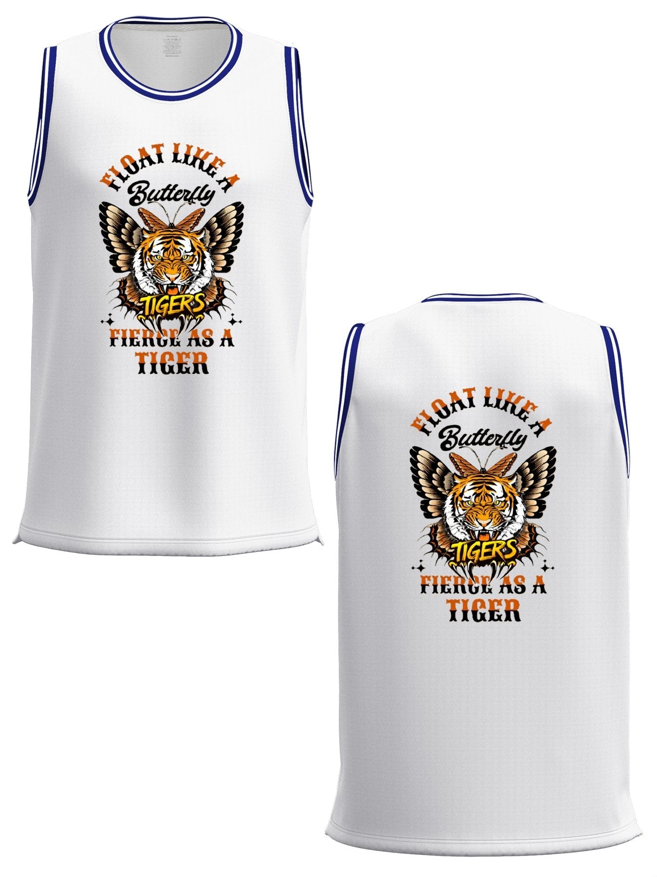 Float Like a Butterfly Fierce as a Tiger Adult White with Trim Basketball Jersey | Ships From USA