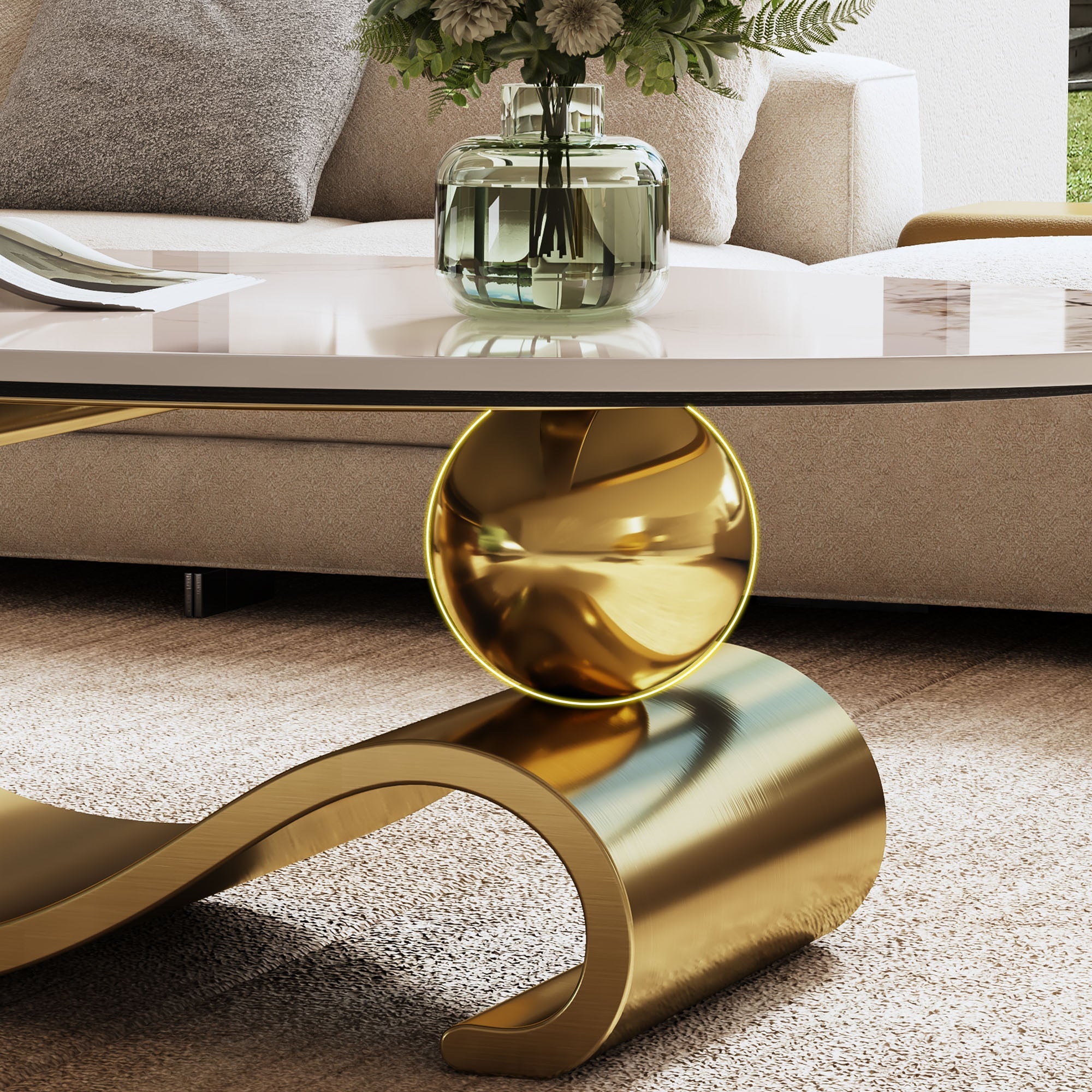 49.2' Faux Marble Oval Coffee Table, Contemporary Gold Stainless Steel Base, Modern Center Table for Living Room