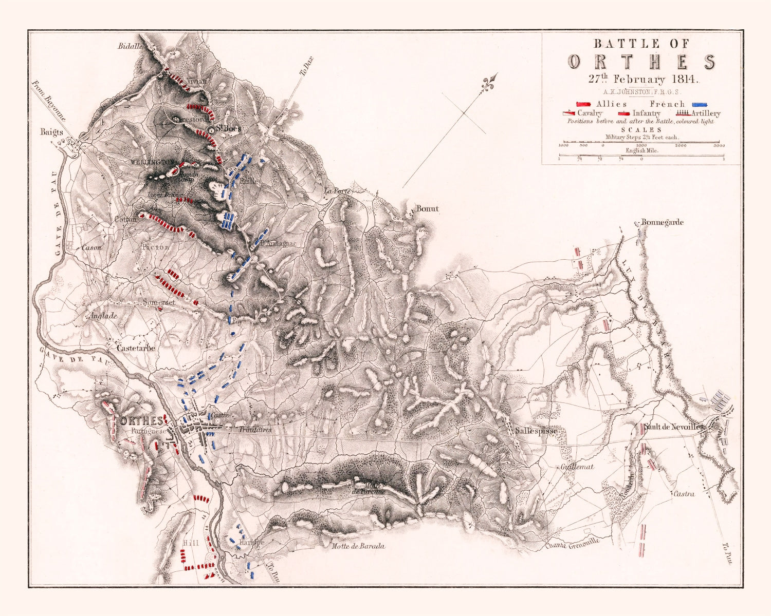 Vintage Map of the Battle of Orthes, 1814