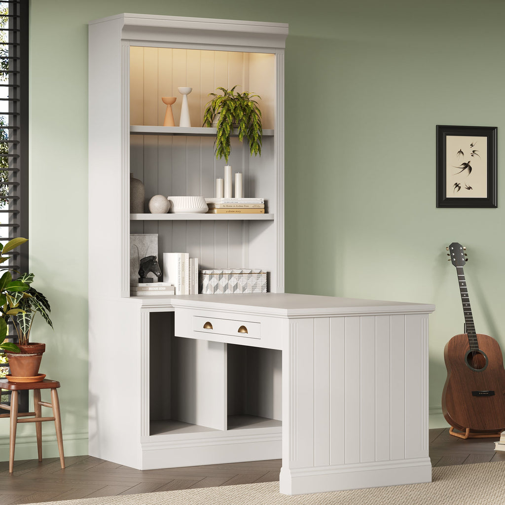 83.4'Tall Bookshelf with Writing Desk, Modern Bookcase with Study Desk, Workstation with Storage Shelf,Storage Bookcase with Open Shelves and LED Lighting for Living Room,Home Office,White