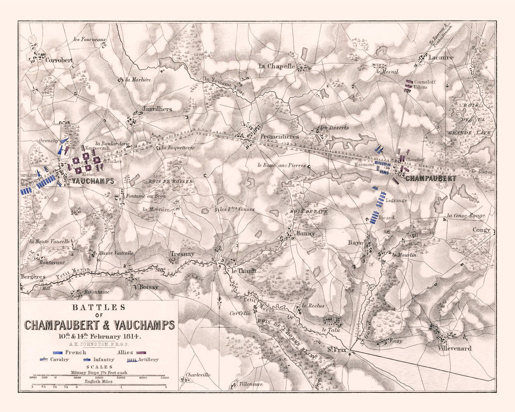 Vintage Map of the Battles of Champaubert & Vauchamps, 1814