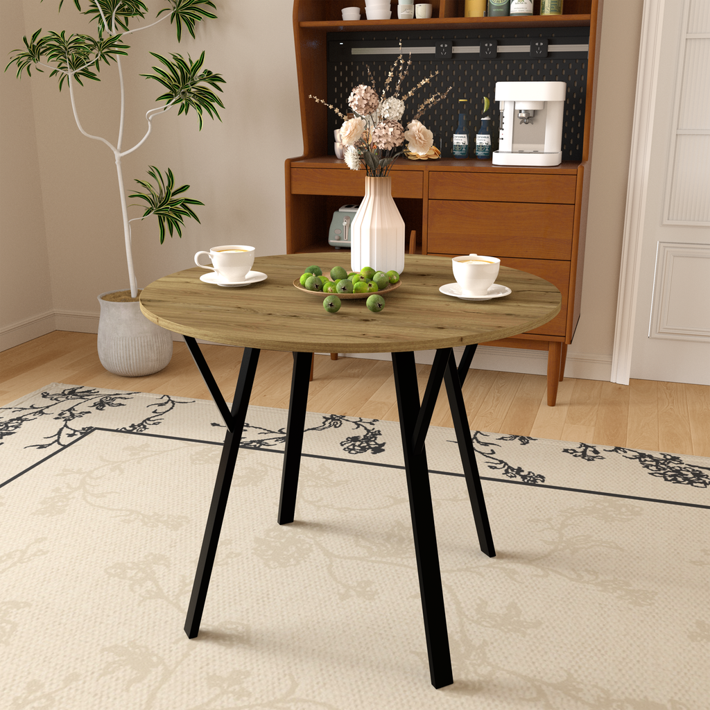 35.43 Inch Round Dining Table, Small Circle Kitchen Table with Metal Black Legs for 2-4 people,Modern Dining Room Table, Brown (only table)