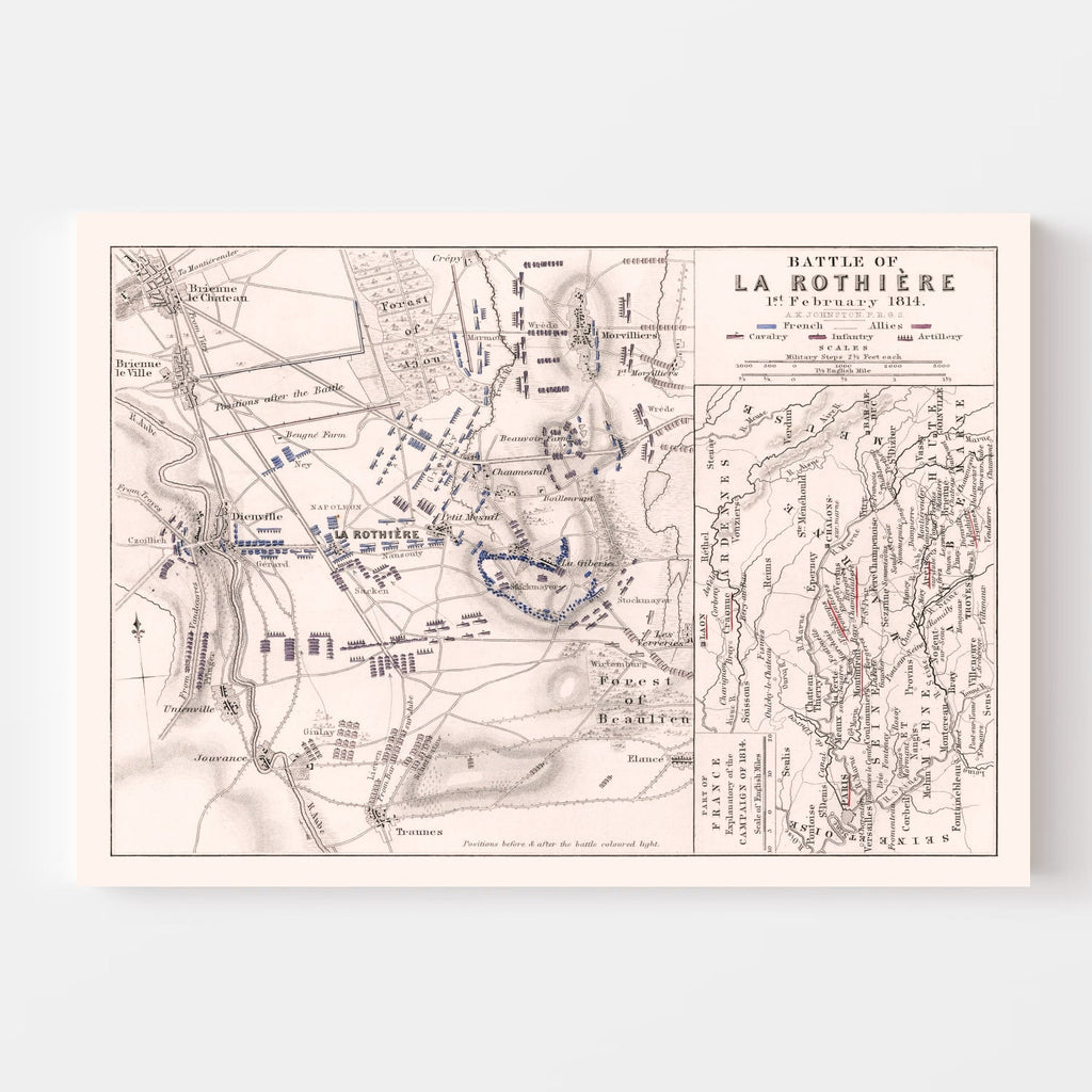 Vintage Map of the Battle of La Rothiere, 1814