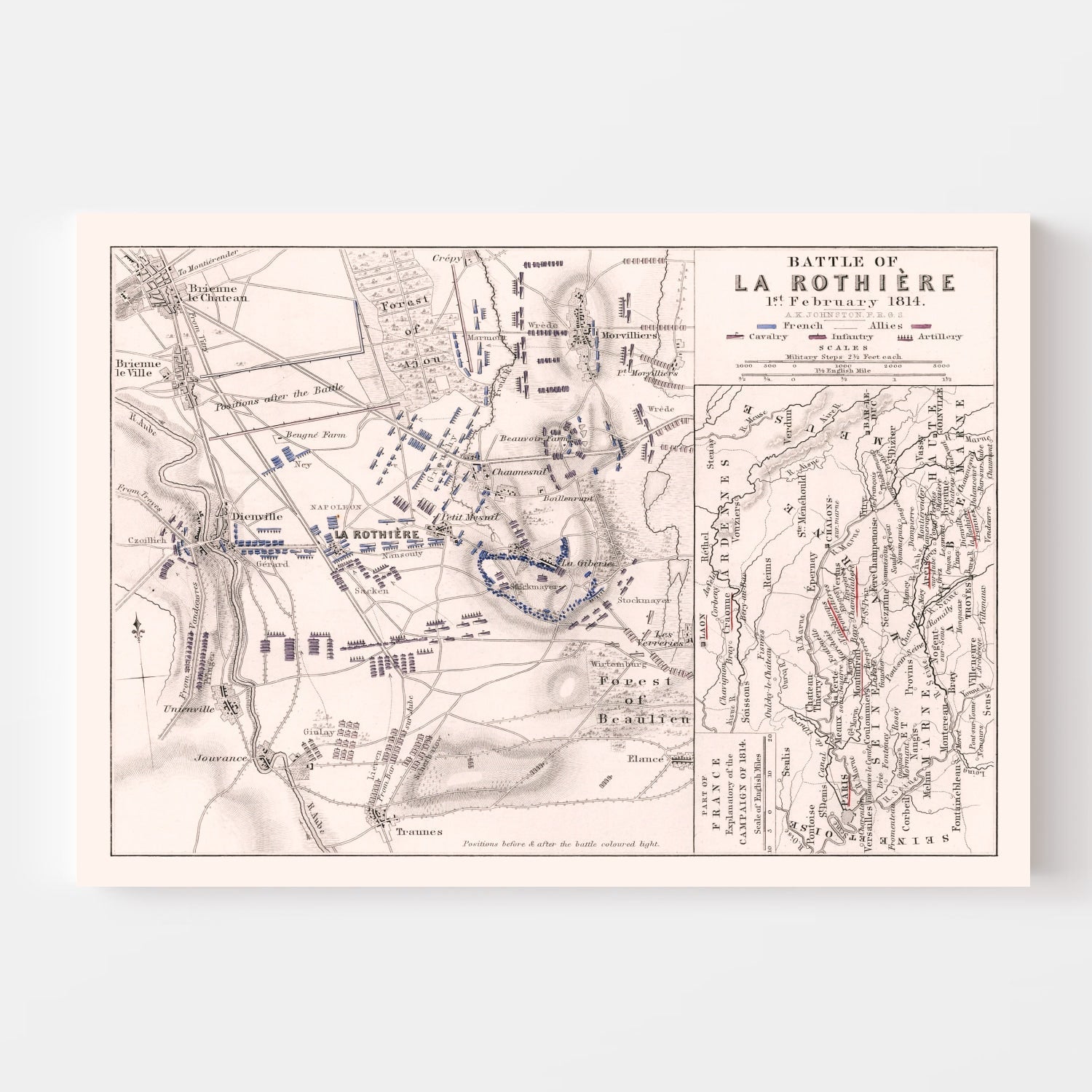 Vintage Map of the Battle of La Rothiere, 1814