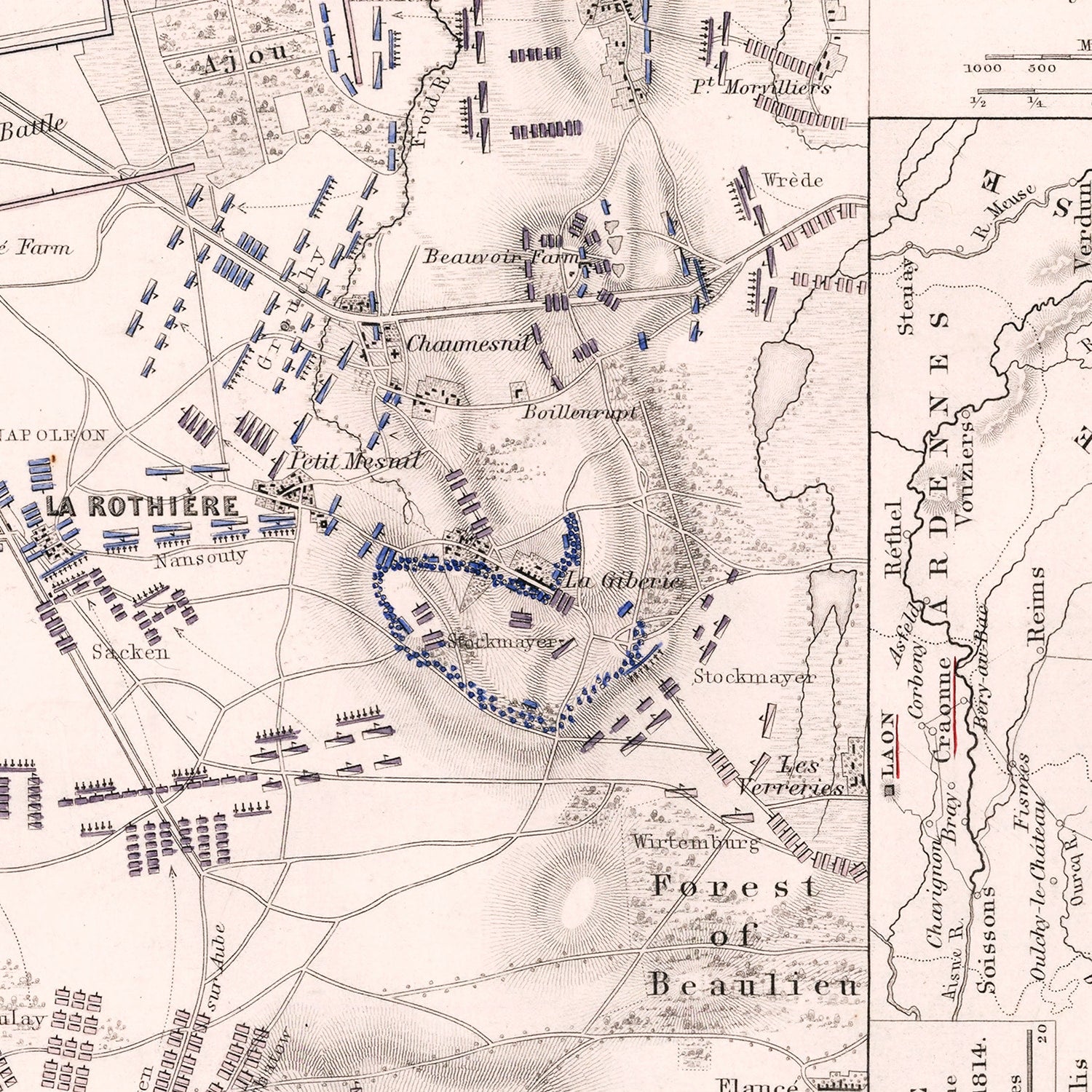 Vintage Map of the Battle of La Rothiere, 1814