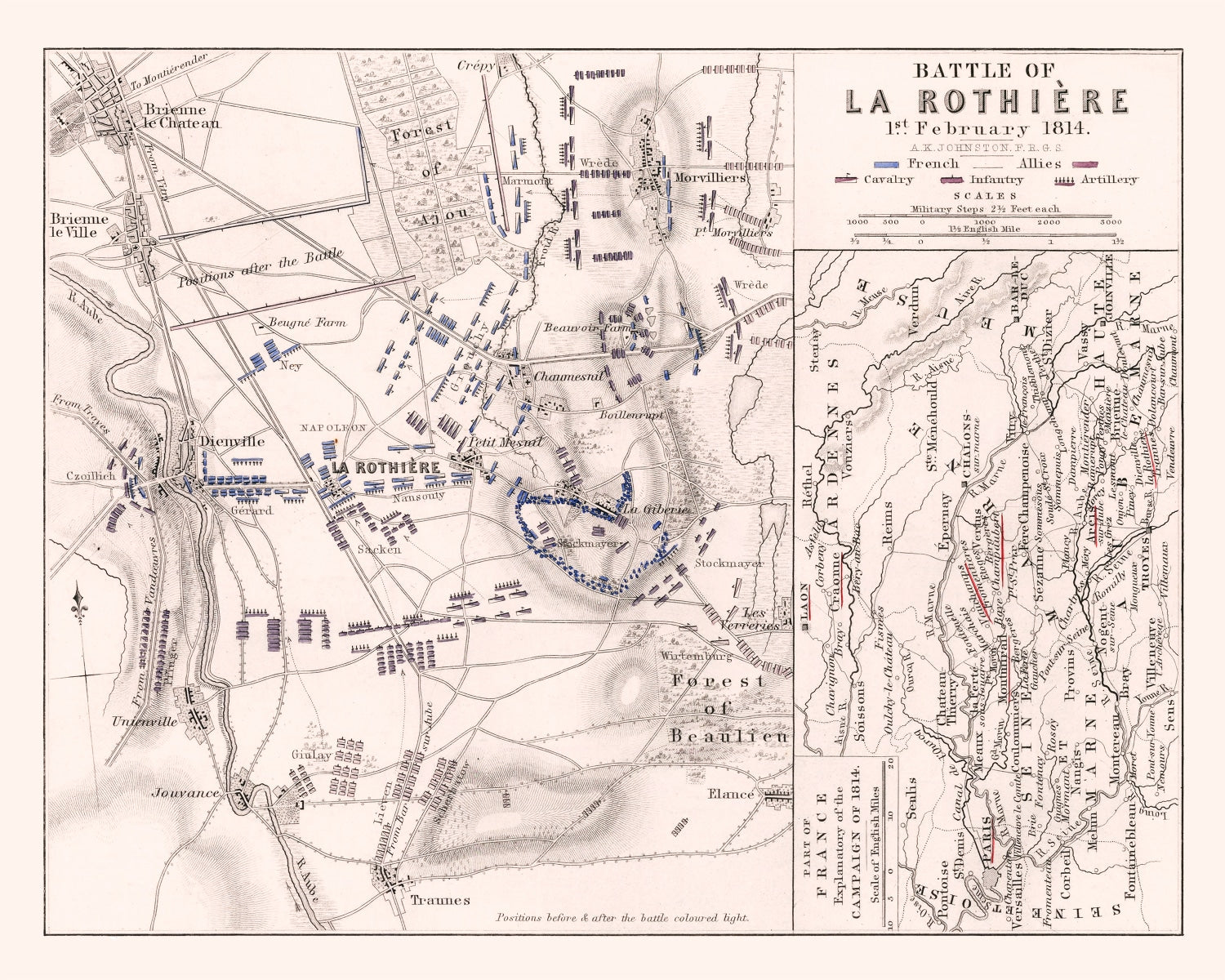 Vintage Map of the Battle of La Rothiere, 1814