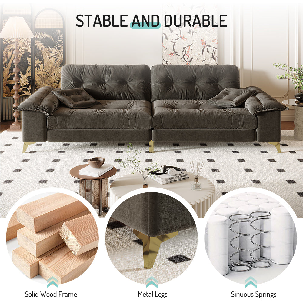 104.7 ' Modern 4-Seat Cloud Sofa with Wide Removable Armrests, Tufted Sofa with Metal Legs,Comfy Chenille Upholstered Couch with 2 Pillows for Living Room,Bedroom,Apartment, Office,Studio,Dark Gery
