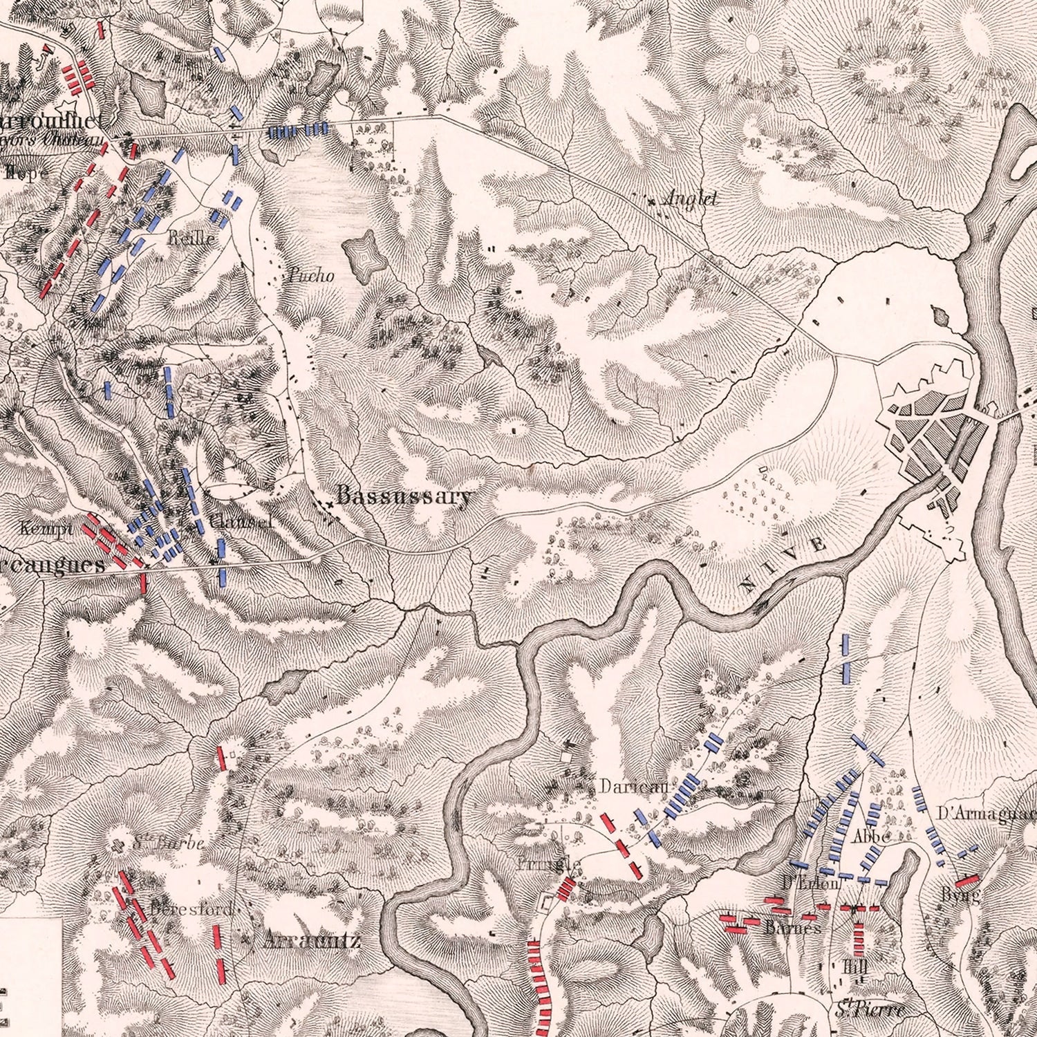 Vintage Map of the Battles In Front of Bayonne, 1813
