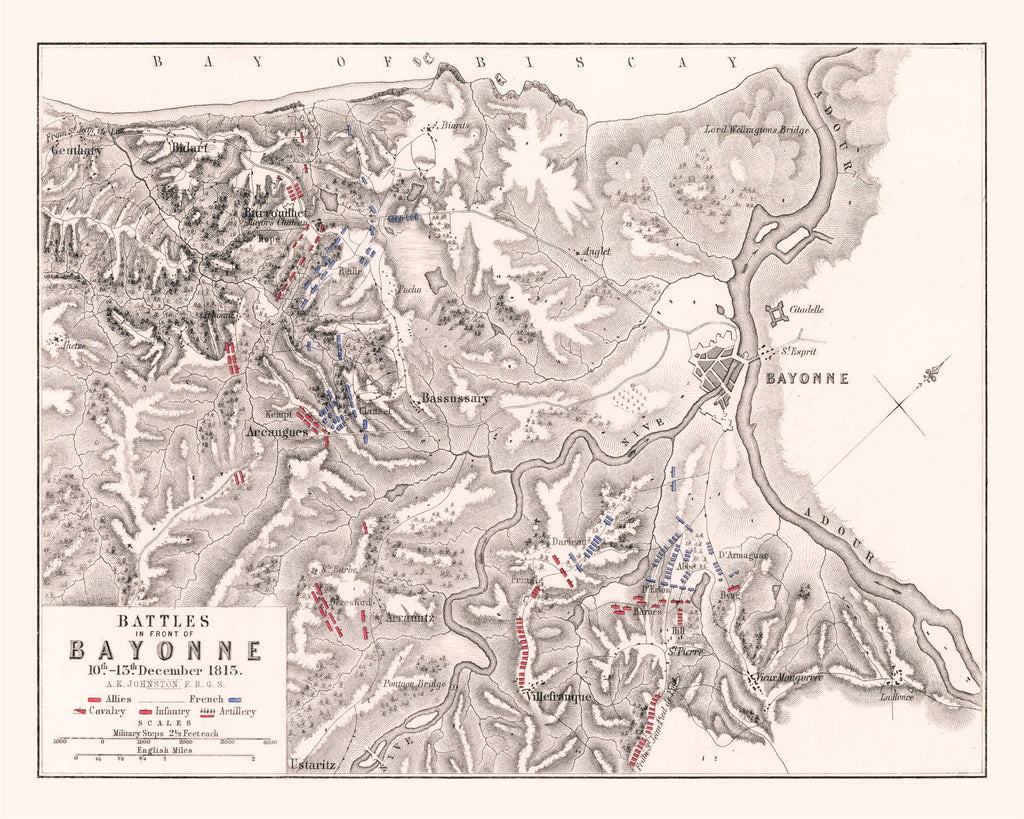 Vintage Map of the Battles In Front of Bayonne, 1813