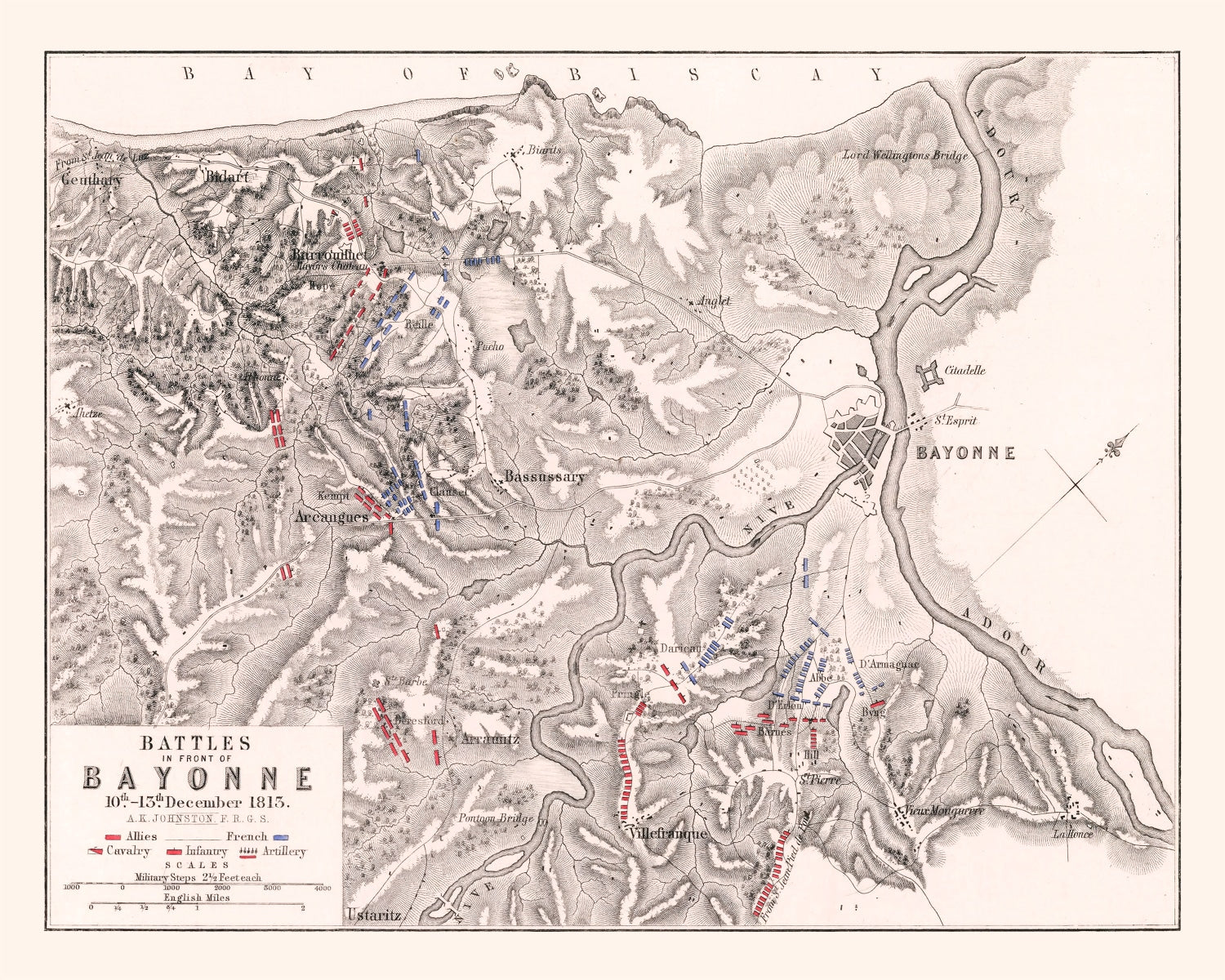 Vintage Map of the Battles In Front of Bayonne, 1813