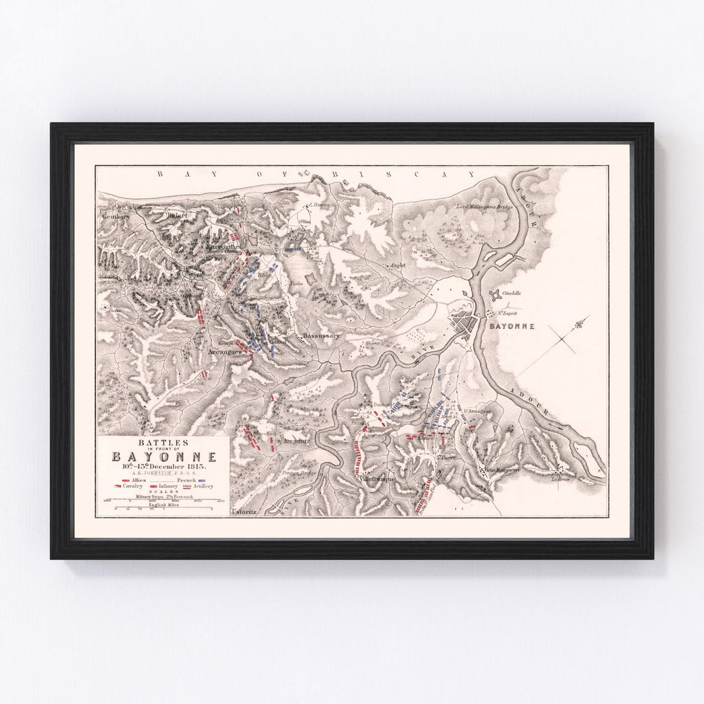 Vintage Map of the Battles In Front of Bayonne, 1813