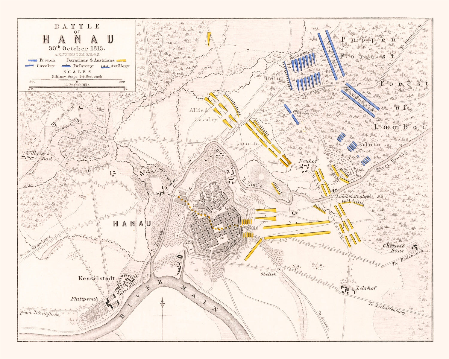 Vintage Map of the Battle of Hanau, 1813