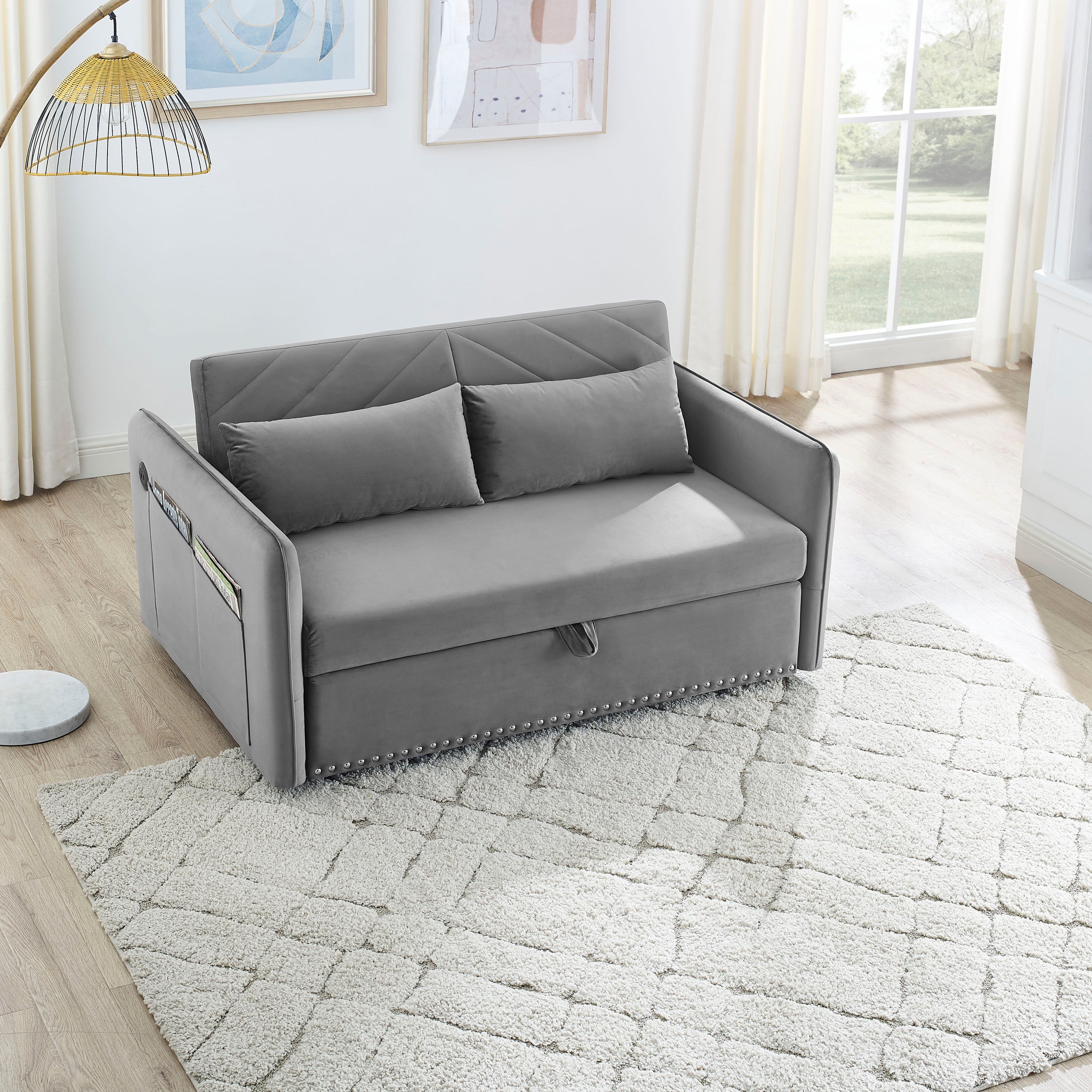 MH' Sleeper Sofa Bed w/USB Port, 3-in-1 adjustable sleeper with pull-out bed, 2 lumbar pillows and side pocket, soft velvet convertible sleeper sofa bed, suitable for living room bedroom