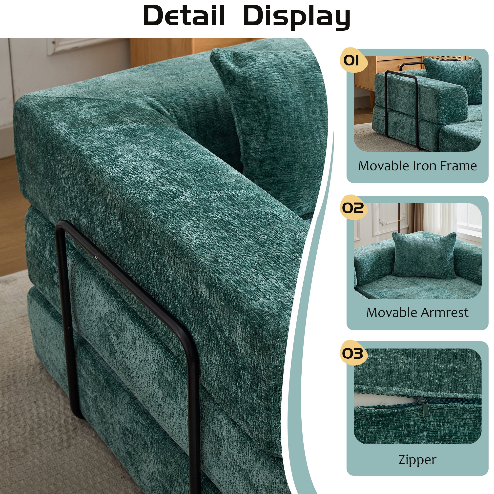 Compression Sofa,Convertible Floor Sofa Bed with Fixed-Shape Frame, Loveseats Boneless Modular Sectional Sofa,No Assembly Required,Chenille fabric,for Living Room Bedroom,Dark Green