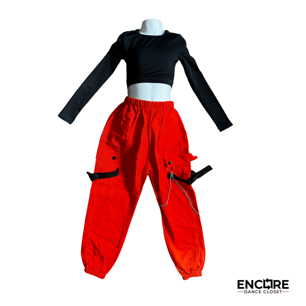 Hip-Hop Red Puffer Vest Set with Orange Pants