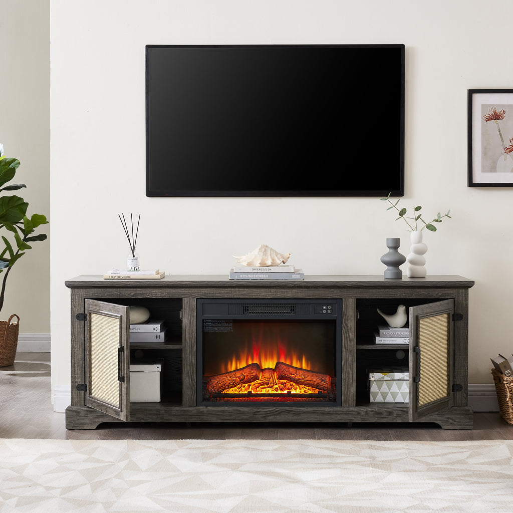 Natural Rattan Door Cabinet with Adjustable Shelf Wood, Farmhouse Rattan TV Stand Console Table for TVs up to 70 Inches, Storage tv stand with 23' fireplace insert, 65'W*15.55'D*23.86'H,GREY