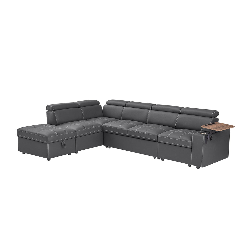 Grey Fabric Sectional Sofa with Storage Ottoman