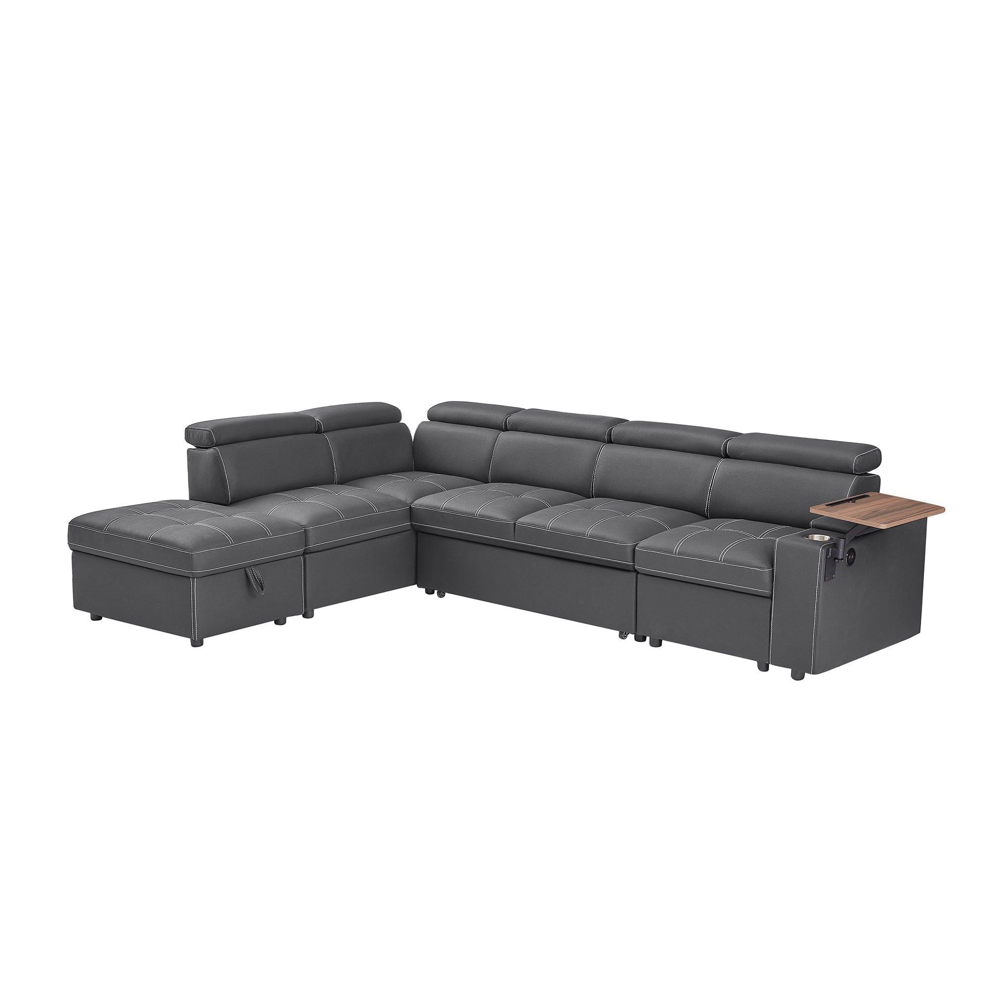 Grey Fabric Sectional Sofa with Storage Ottoman