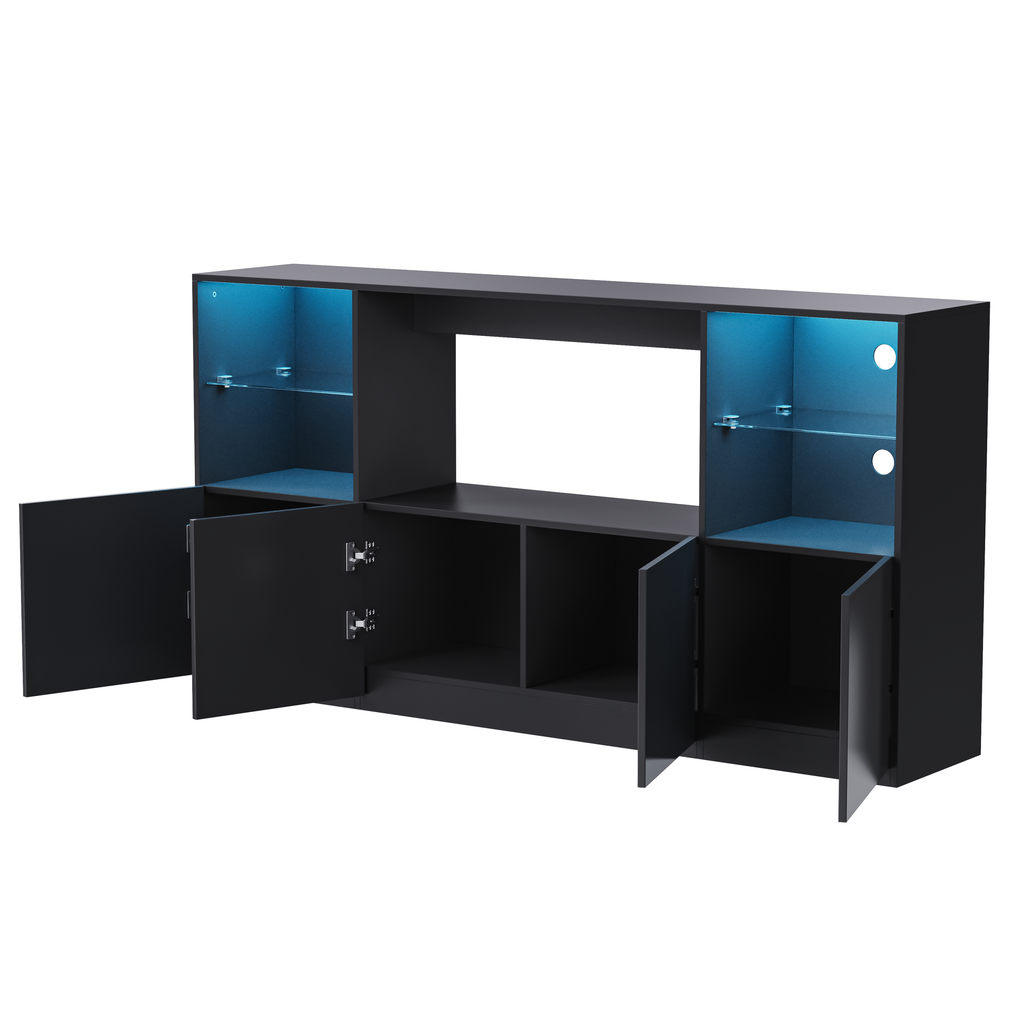 ON-TREND High Gloss TV Stand with LED Lights, Modern Sideboard with Large Storage Cabinet, Media Console with Tempered Glass Shelves for TVs up to 75', Living Room, Black, 67'Wx13.7'D