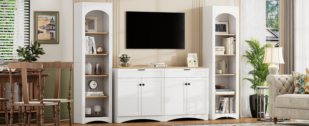 ON-TREND 3-Piece Farmhouse Entertainment Center with Storage Cabinet for TVs Up to 70', Mid-Century TV Stand with Bookshelf, Rustic Versatile Sideboard with Adjustable Shelves for Living Room, White