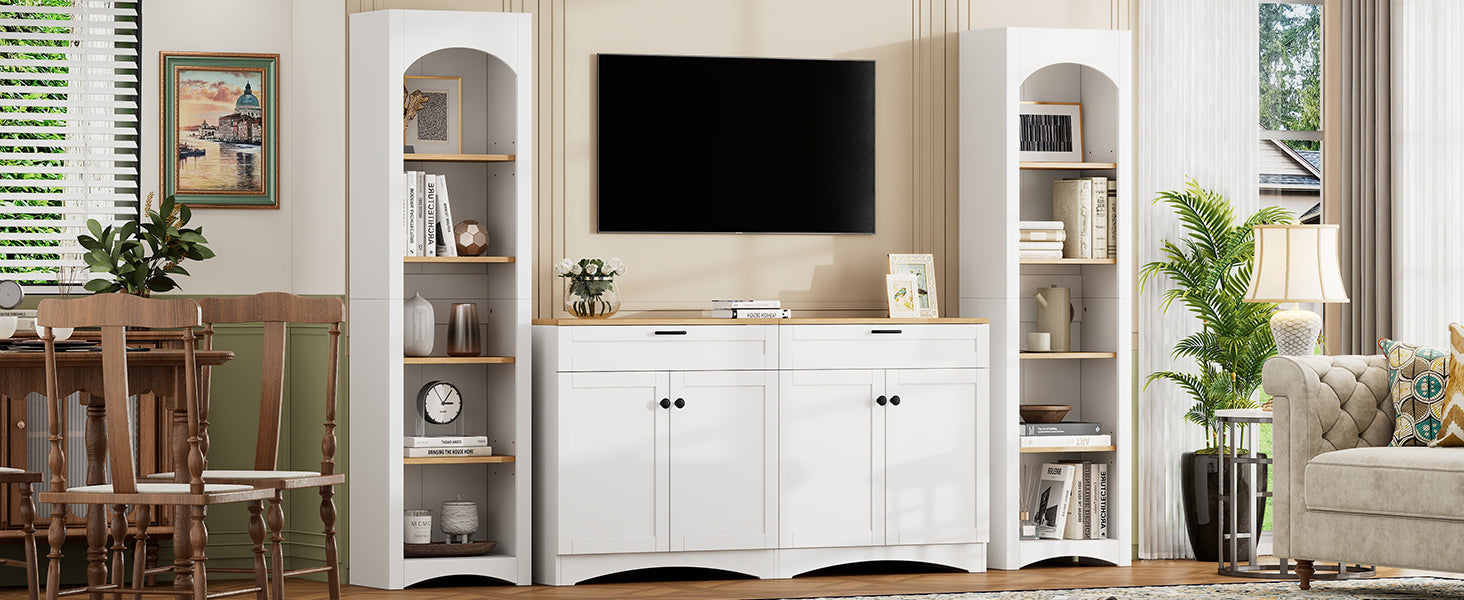 ON-TREND 3-Piece Farmhouse Entertainment Center with Storage Cabinet for TVs Up to 70', Mid-Century TV Stand with Bookshelf, Rustic Versatile Sideboard with Adjustable Shelves for Living Room, White