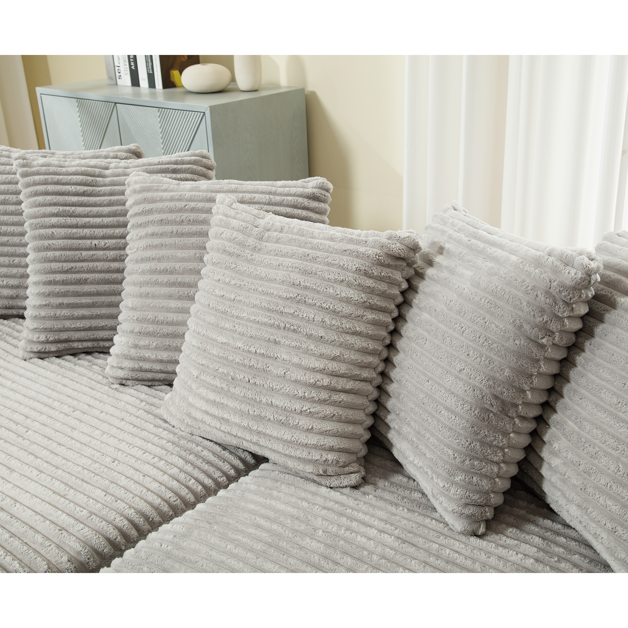 [NEW ARRIVED] [VIDEO PROVIDED] Oversized Two-Piece  Couches,  L Shaped Sofa, Corduroy, Left Chaise Daybed,with Armrests,Eight Throw Pillows,Corner Sofa,Easy To Assemble,  Gray