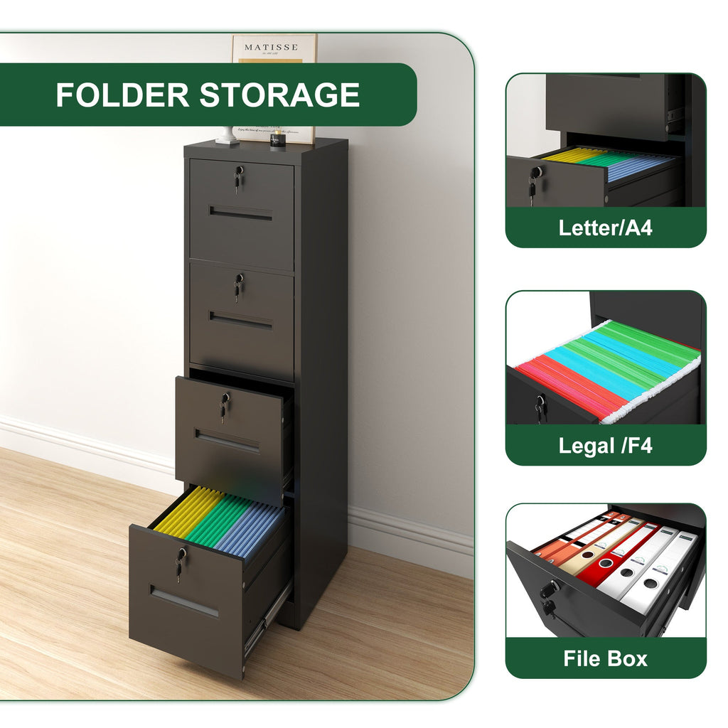 Modern Black 4 Drawer Metal Vertical Filing Cabinets with Lock for Home Office, Steel Construction, Letter/Legal/A4/F4 Size