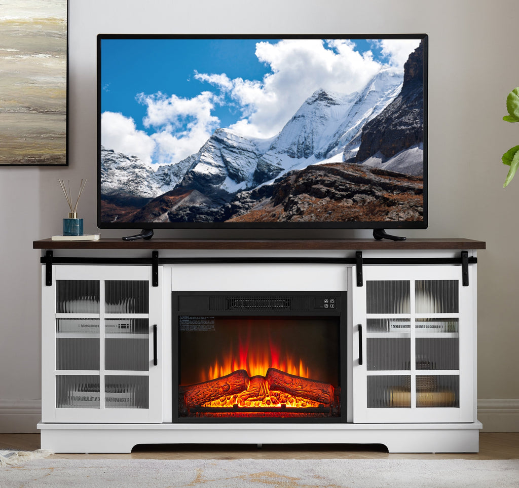 Multipurpose Sliding Door TV Cabinet Large Storage Cabinet with 2 Sliding Glass Doors, TV Storage Rack with 23' Fireplace TV Cabinet, WHITE+BROWN, 59.13'W*15.94'D*27.8'H
