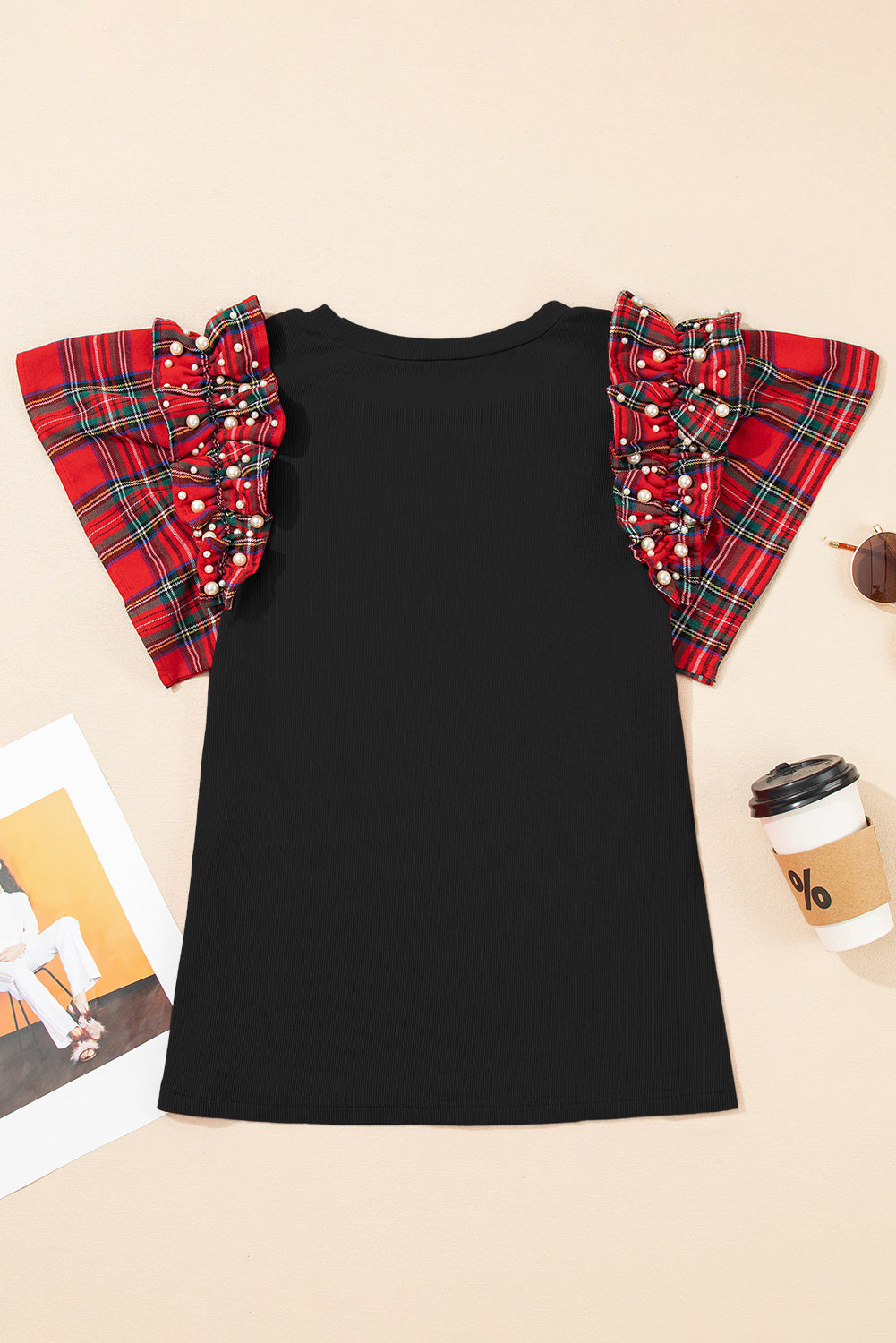 Plaid Pearl Ruffle Short Sleeve Loose T-Shirt