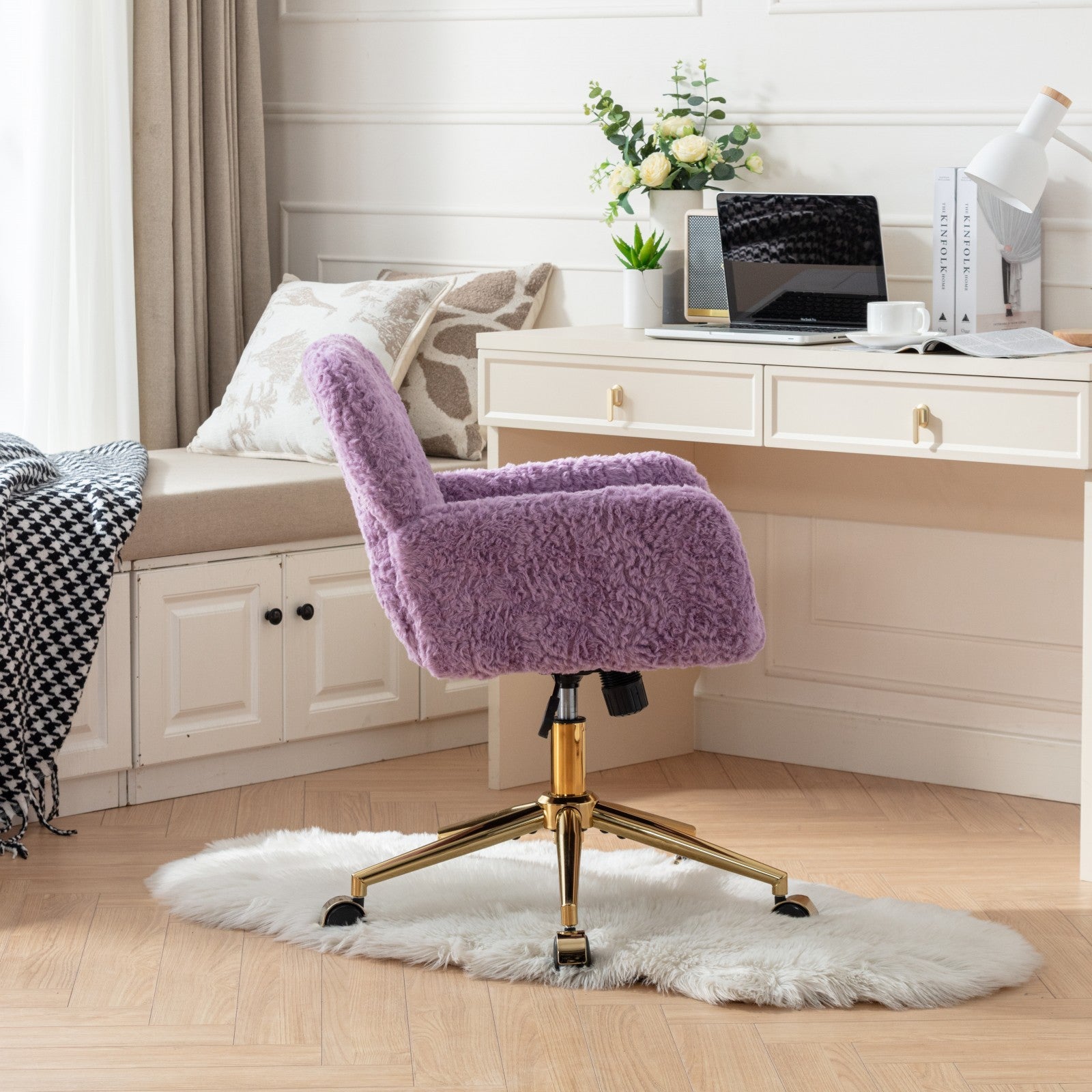 A&A Furniture Home Office Chair Violet Velvet with Golden Metal Base Adjustable Swivel