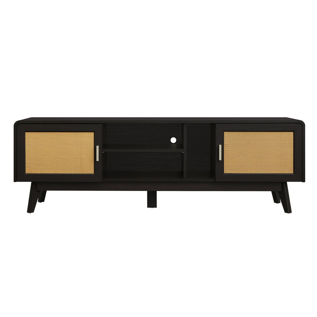 63'' Dark Rattan TV Stand with 2 Storage Cabinets for 65 Inch TV, Entertainment Center with Solid Wood Legs, Media Console Table for Living Room, Bedroom
