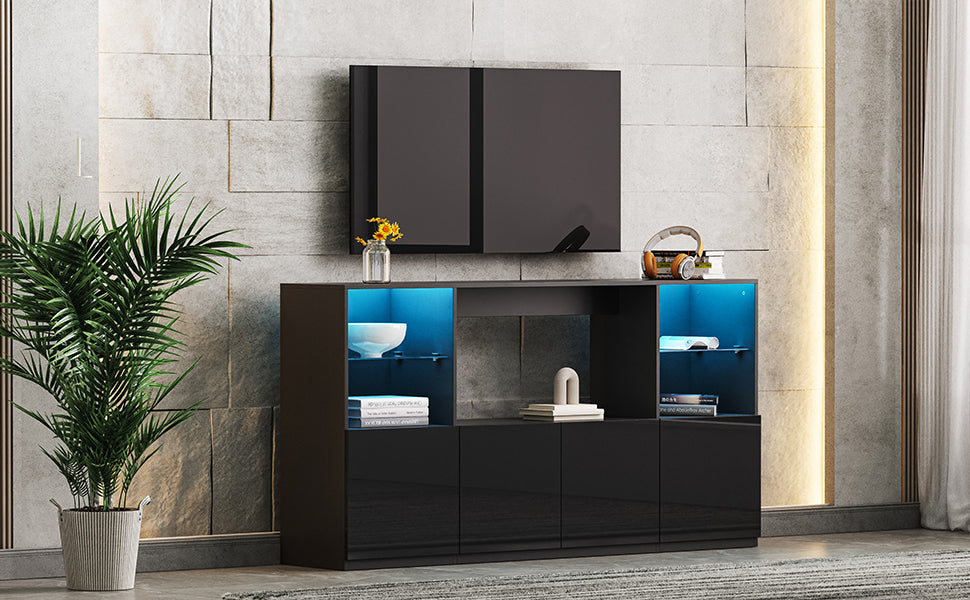 ON-TREND High Gloss TV Stand with LED Lights, Modern Sideboard with Large Storage Cabinet, Media Console with Tempered Glass Shelves for TVs up to 75', Living Room, Black, 67'Wx13.7'D