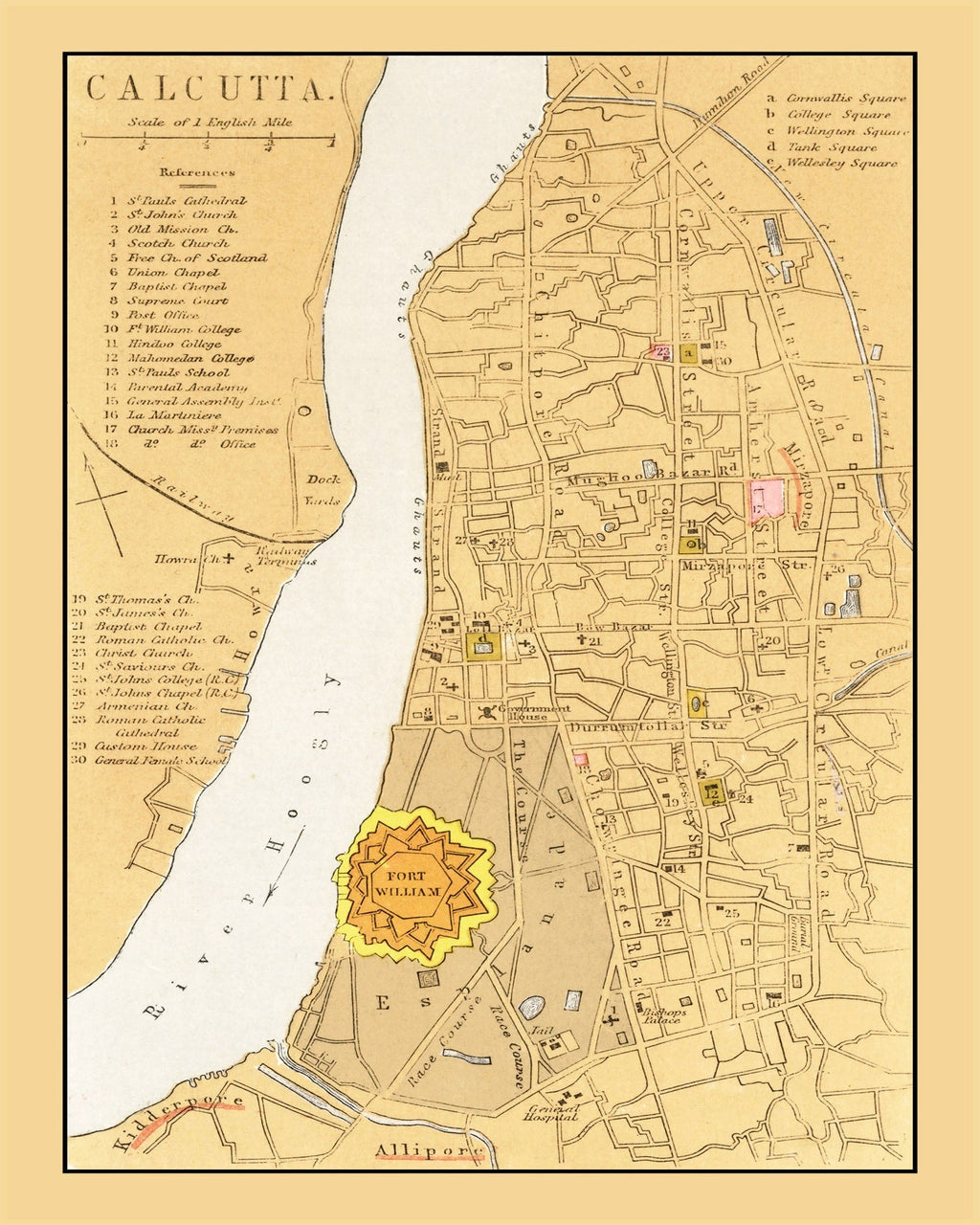 Vintage Map of Calcutta, India 1862