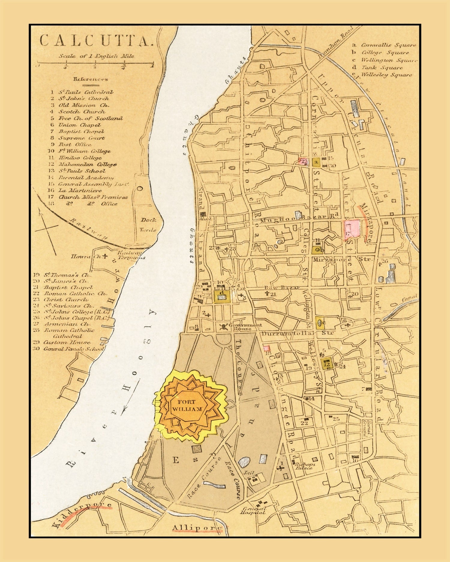 Vintage Map of Calcutta, India 1862
