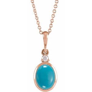 14K Rose 8x6 mm Natural Turquoise & .03 CT Natural Diamond 16-18" Necklace
