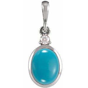 14K White 12x10 mm Natural Turquoise & .03 CT Natural Diamond Cabochon Pendant