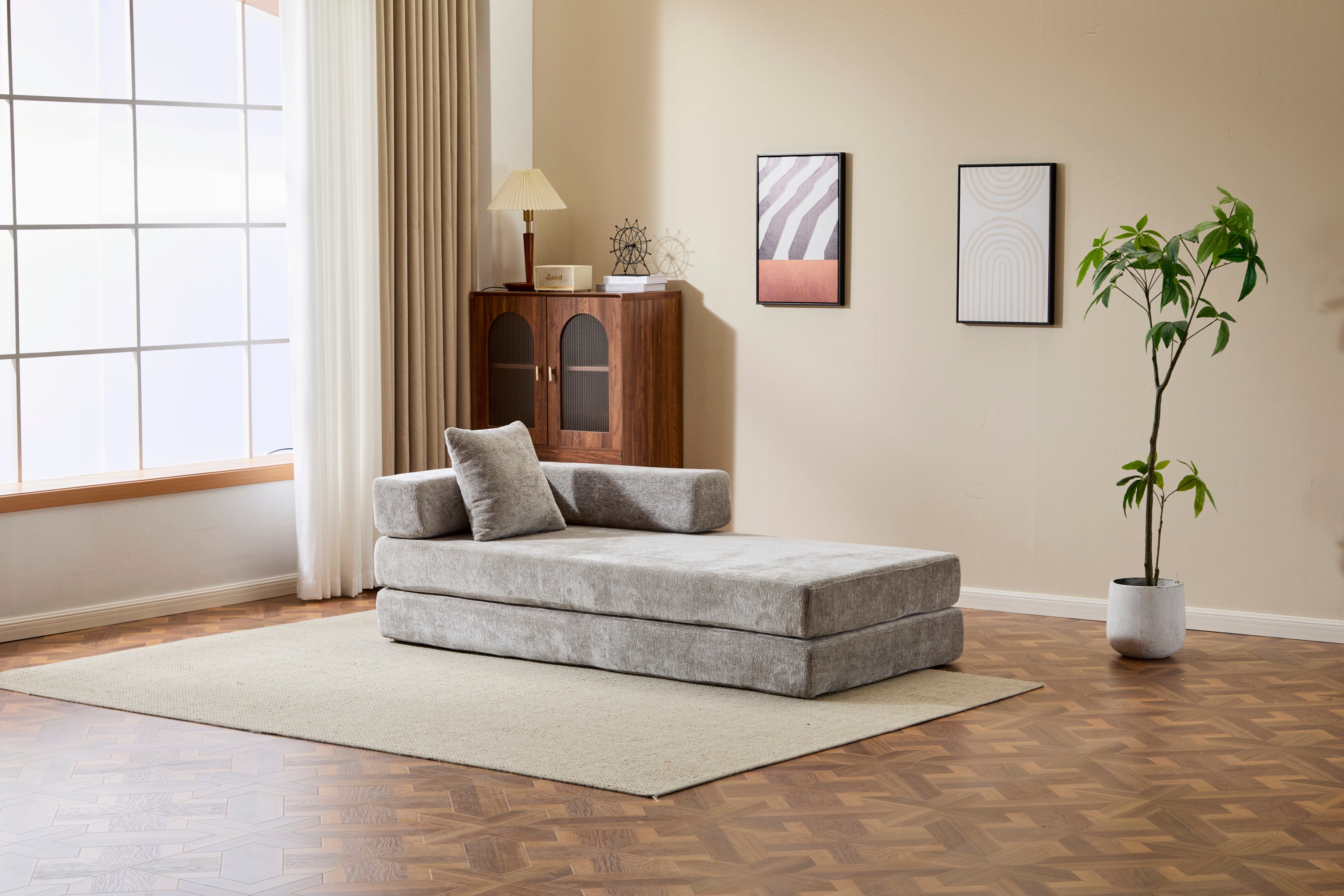 Floor Couch,Compression Sofa,Convertible Floor Sofa Bed-with Pillow Back Support Armrest,Comfy Futon Couch Lounge Sleeper Bed,Chenille fabric,for Living Room Bedroom (LIGHT-GREY)