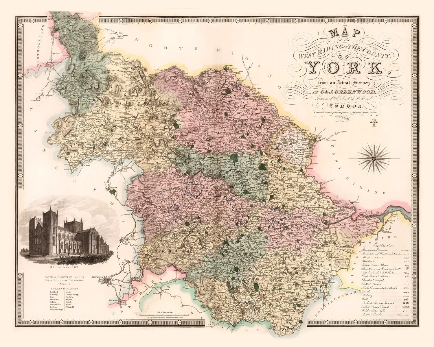 Vintage Map of West Riding of York County England, 1834
