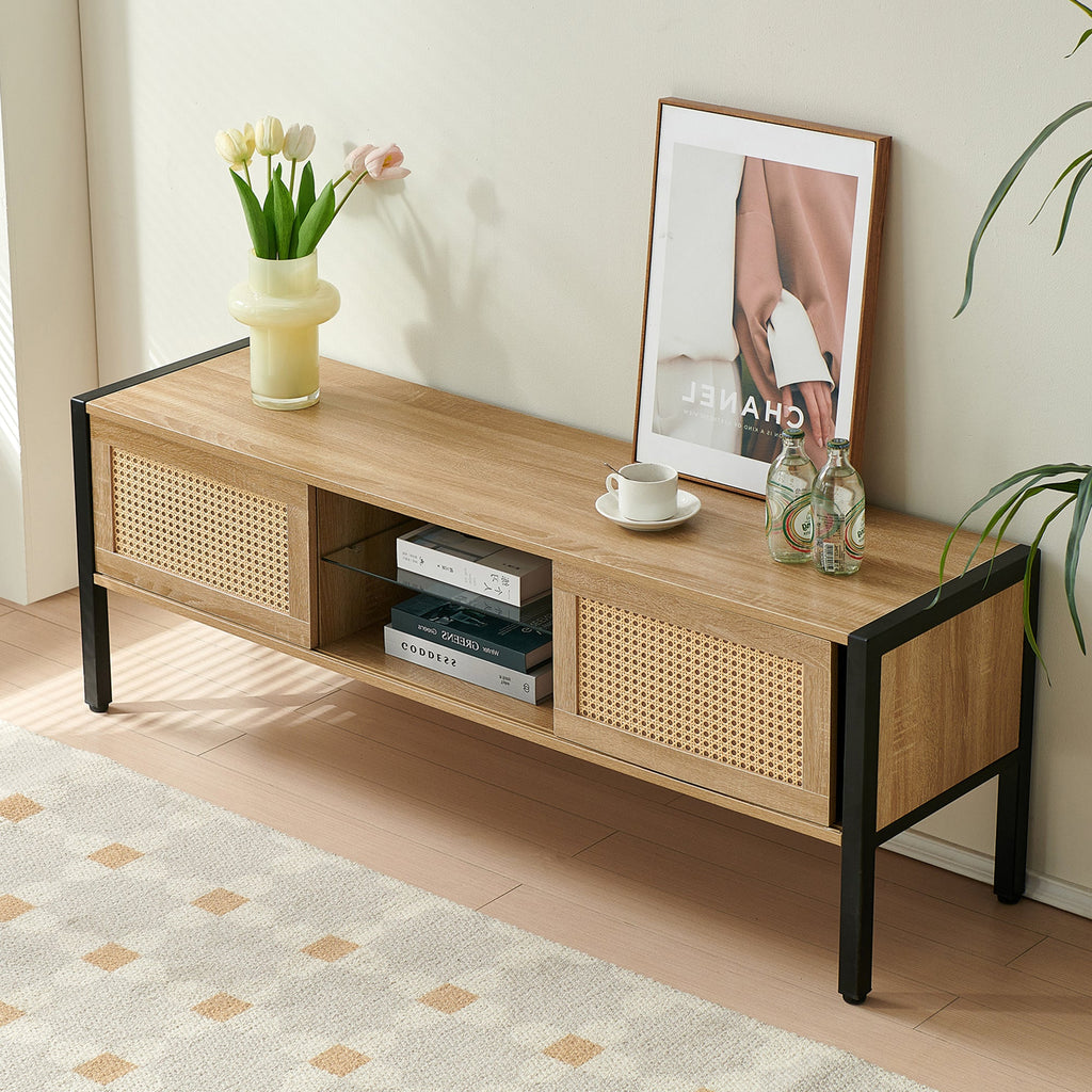 Natural Rattan TV Cabinet with Color Light Strip, Double Sliding Doors, Adjustable Shelf, Metal Legs, 54.33 Inches
