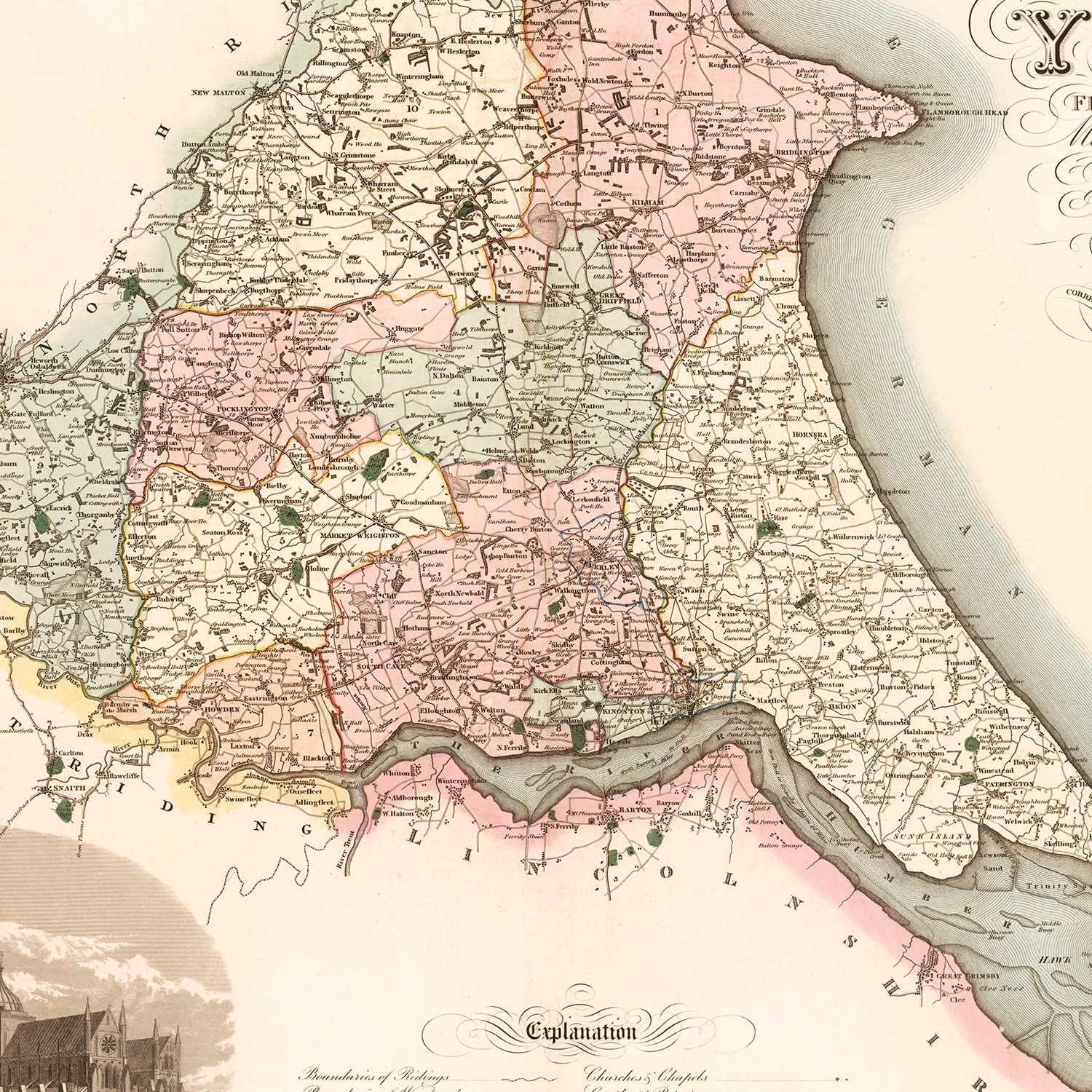 Vintage Map of East Riding of York County England, 1834