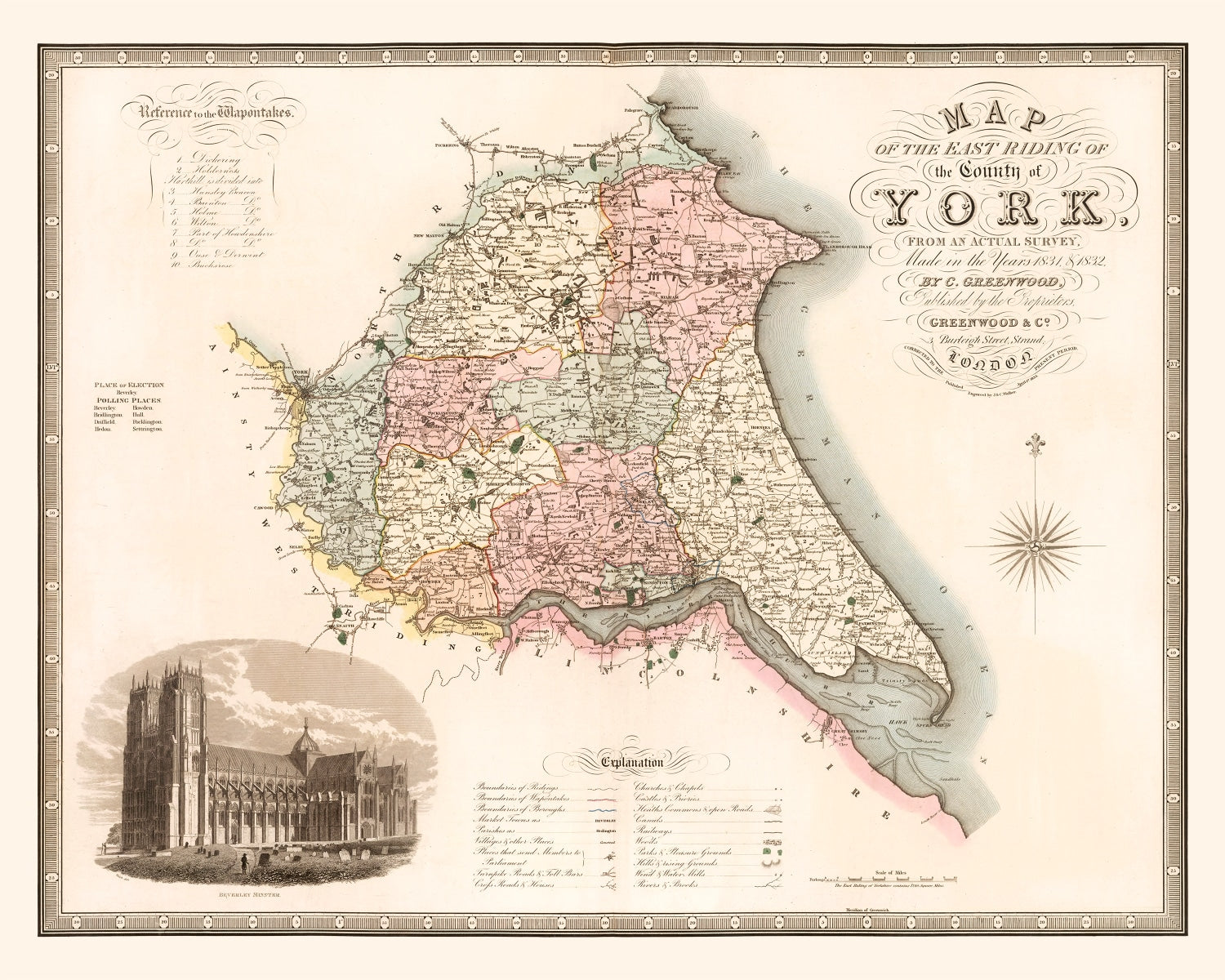 Vintage Map of East Riding of York County England, 1834