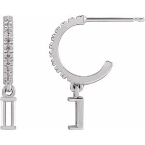 14K White Gold 4x2 mm Straight Baguette French-Set Hoop Earring Mounting