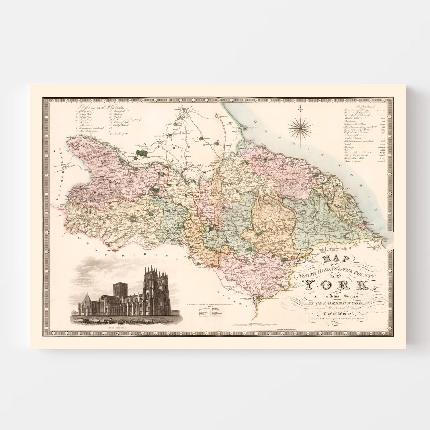 Vintage Map of North Riding of York County England, 1834