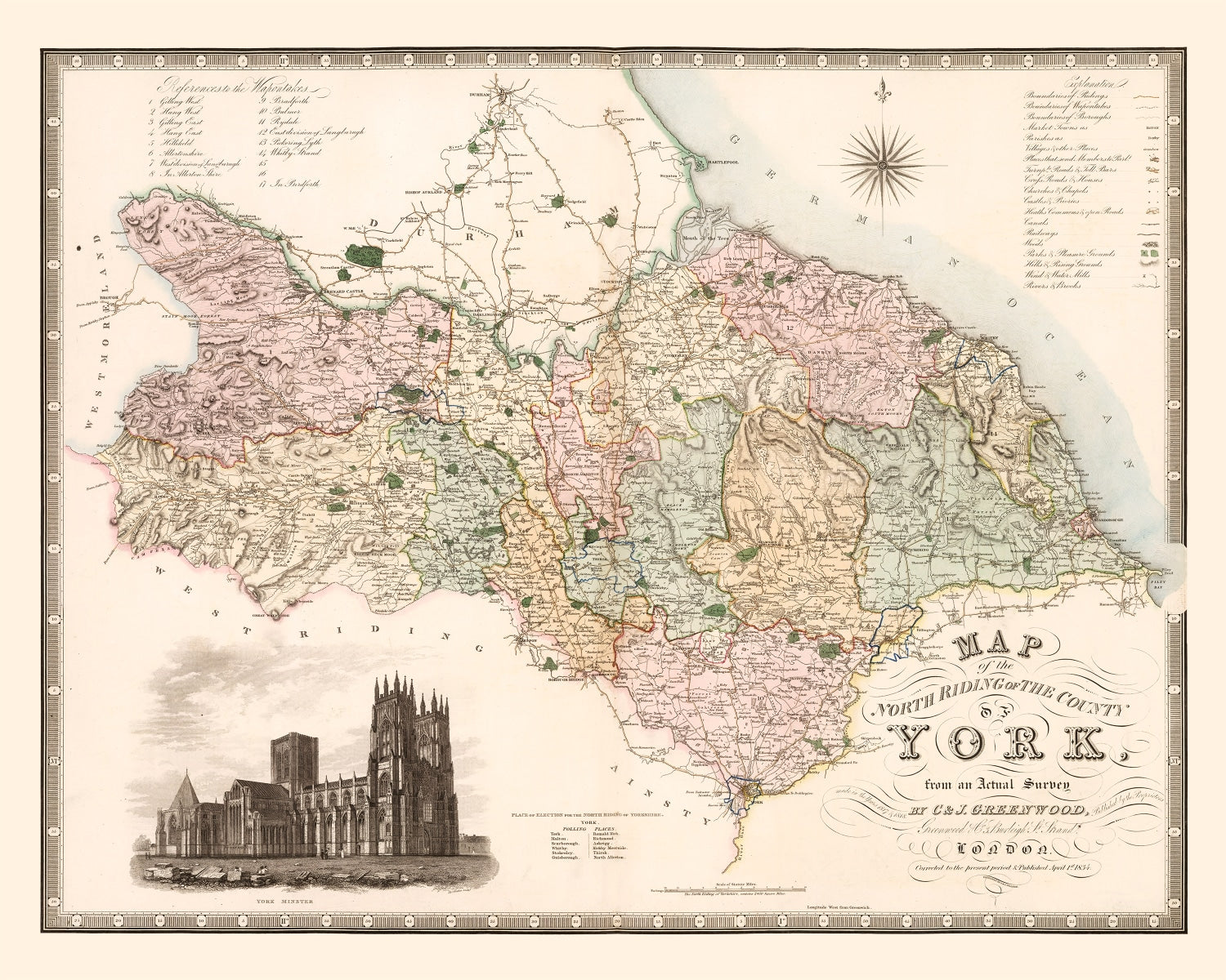 Vintage Map of North Riding of York County England, 1834