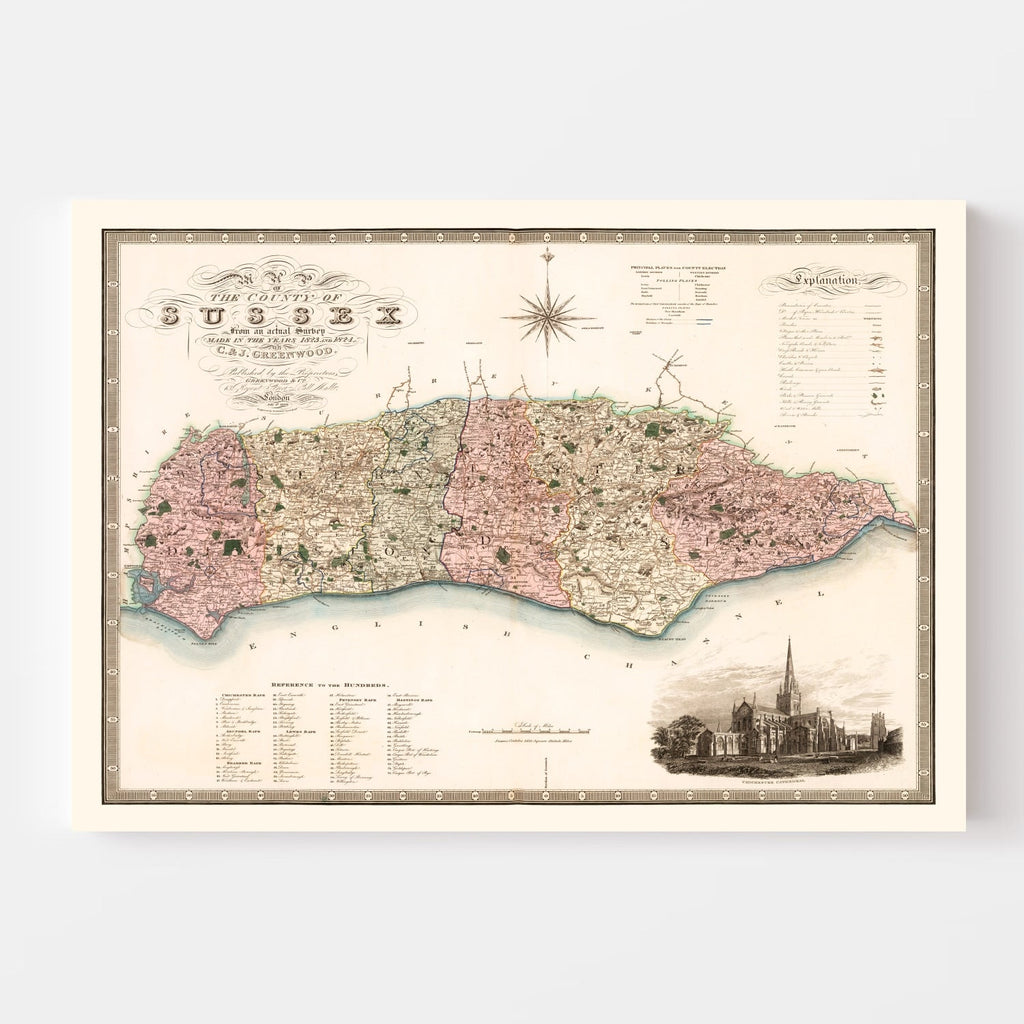 Vintage Map of Sussex England, 1829
