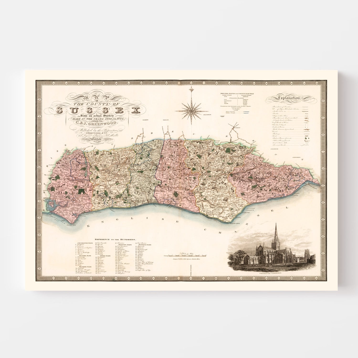Vintage Map of Sussex England, 1829