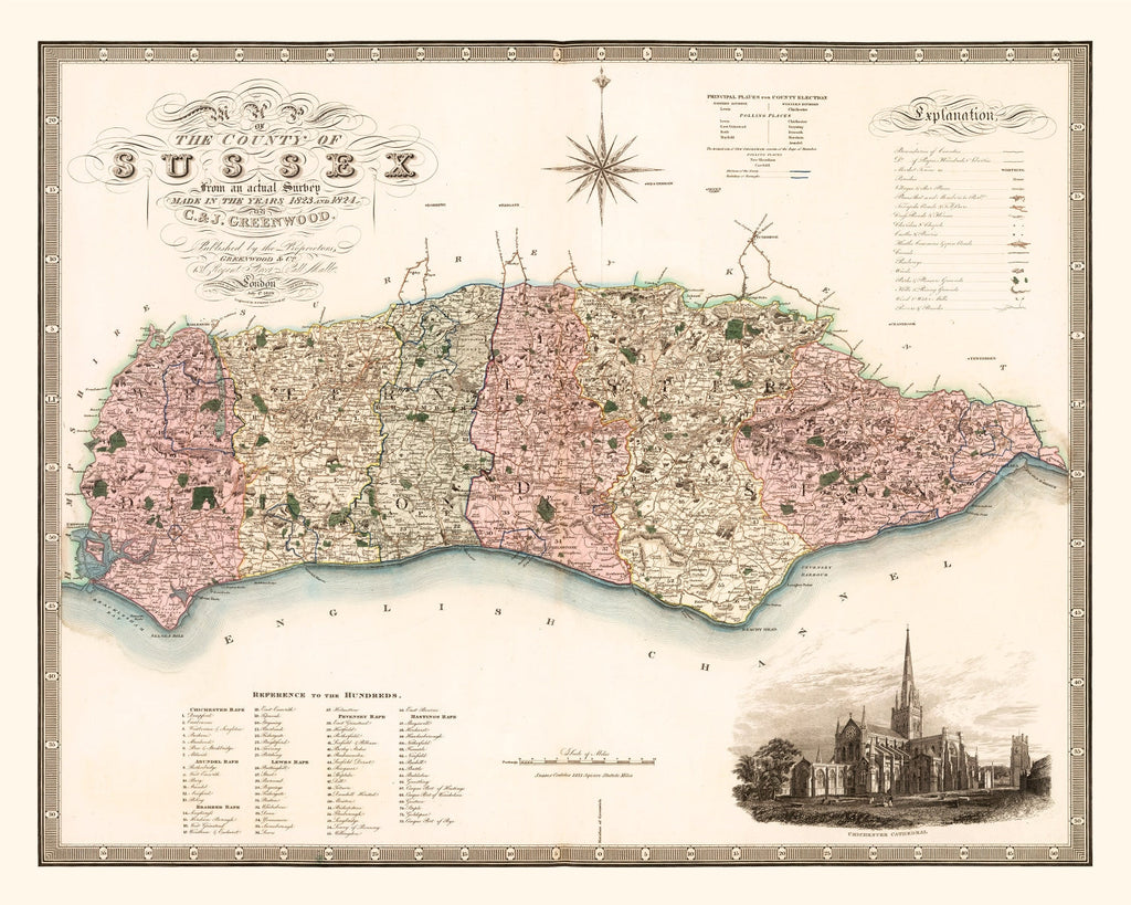 Vintage Map of Sussex England, 1829