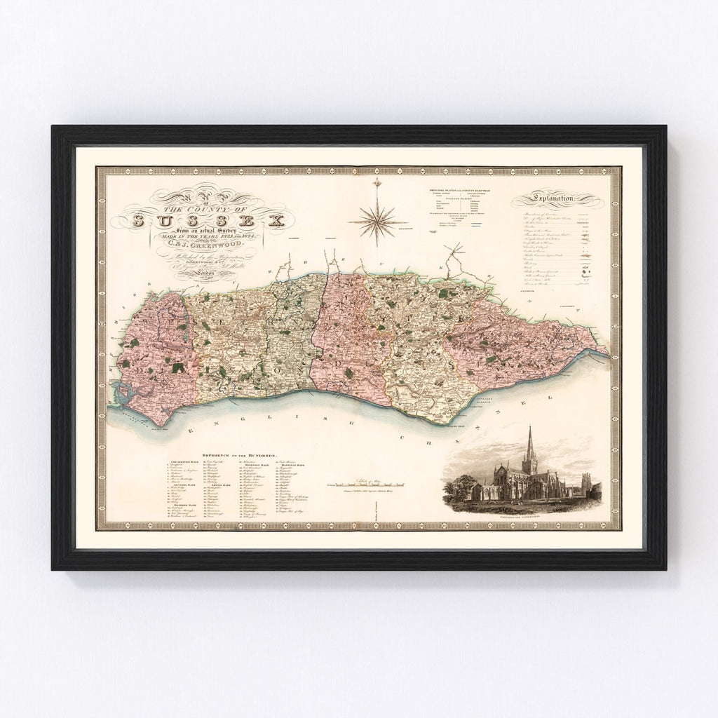 Vintage Map of Sussex England, 1829